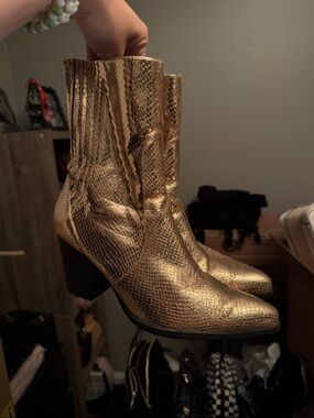 Zara Gold Metallic Snake-Texture Ankle Boots - Women's 38